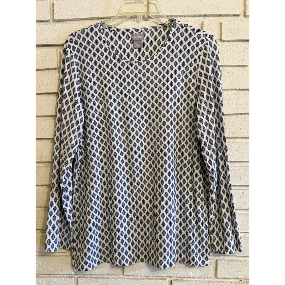 Chicos 2 Long Sleeve Tee Black & White‎ Top Size Large